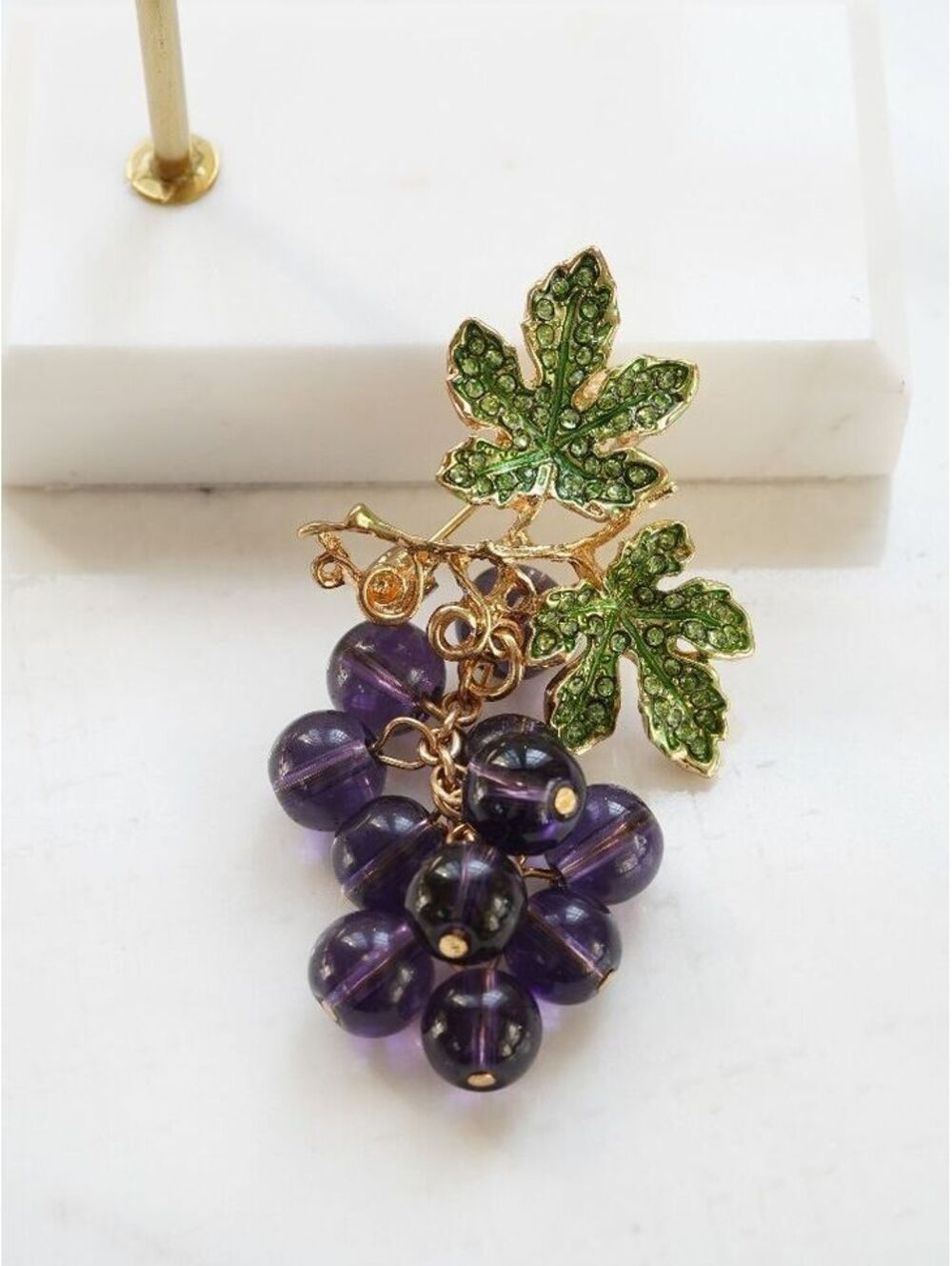 Vintage Style Enameled Crystal Beads Grape Brooch